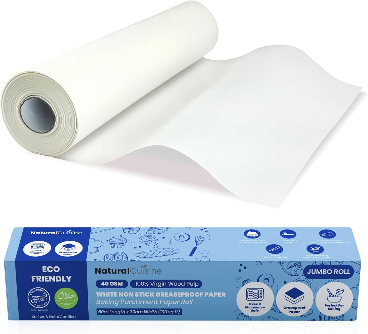 Case of 20 Natural Cuisine Baking Paper Rolls – 60m x 30cm White Non-Stick Parchment | 40gsm Double-Sided | Wholesale Bulk Pack