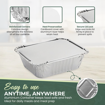 WHOLESALE BULK PACK  1000 Aluminium Foil Containers No.2 with Foil-Backed Lids – 410ml Capacity