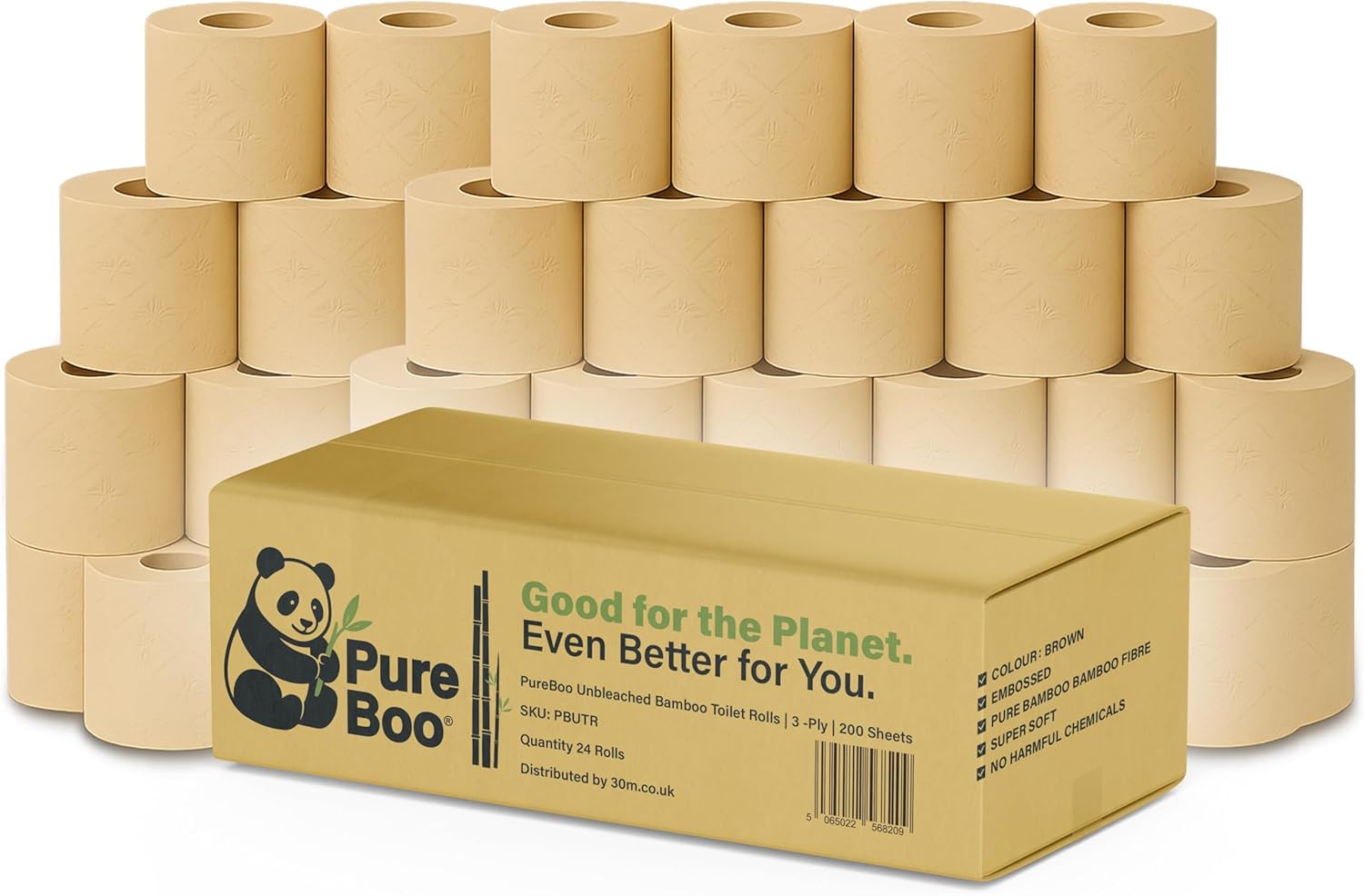 Pallet of 56 — Pure Boo® Unbleached Bamboo Toilet Rolls (24-Pack) | 3-Ply, 200 Sheets | Plastic-Free | Wholesale