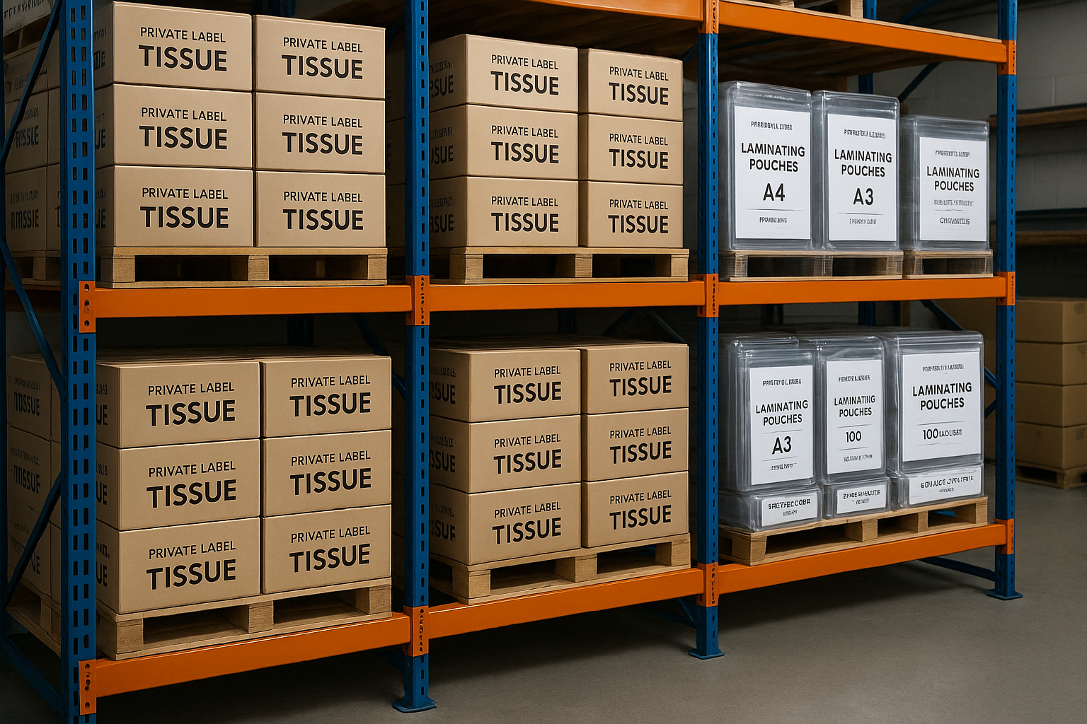 i sell bulk, and its all private label like tissues and laminating pouches