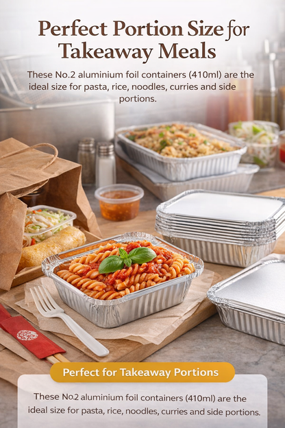 WHOLESALE BULK PACK  1000 Aluminium Foil Containers No.2 with Foil-Backed Lids – 410ml Capacity