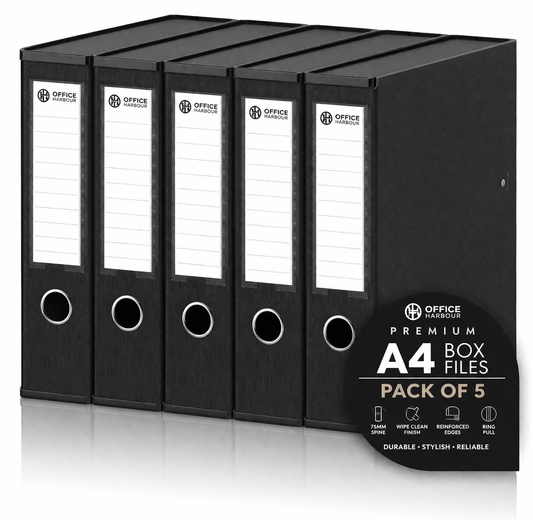 Wholesale Outer of 4 OfficeHarbour A4 Box File Sets – 20 Box Files Total | Premium Black Storage Files