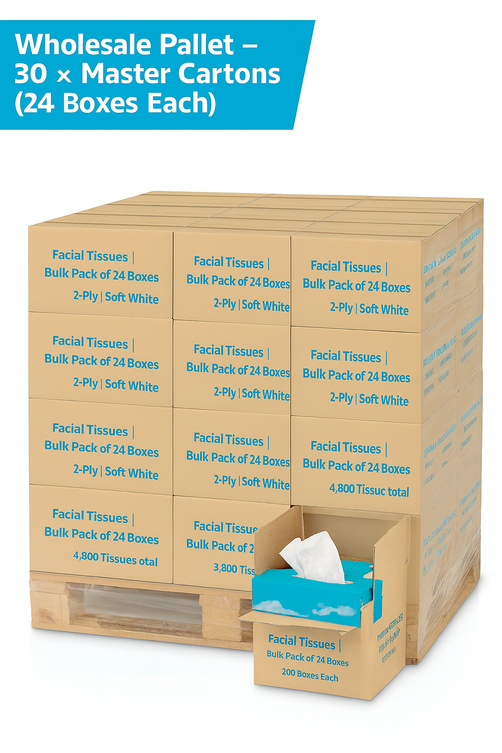 Pallet of 30 – OfficeHarbour Facial Tissues 2-Ply | 24 × 200-Sheet Boxes | 100% Virgin Wood Pulp | Bulk Wholesale Pack
