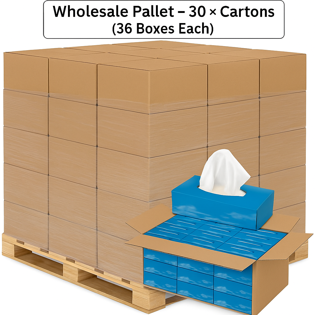 Pallet of 30 – OfficeHarbour Facial Tissues (36 × 100 Boxes) | 2-Ply Soft White | Hygienic Film Dispenser | Wholesale Bulk Pack