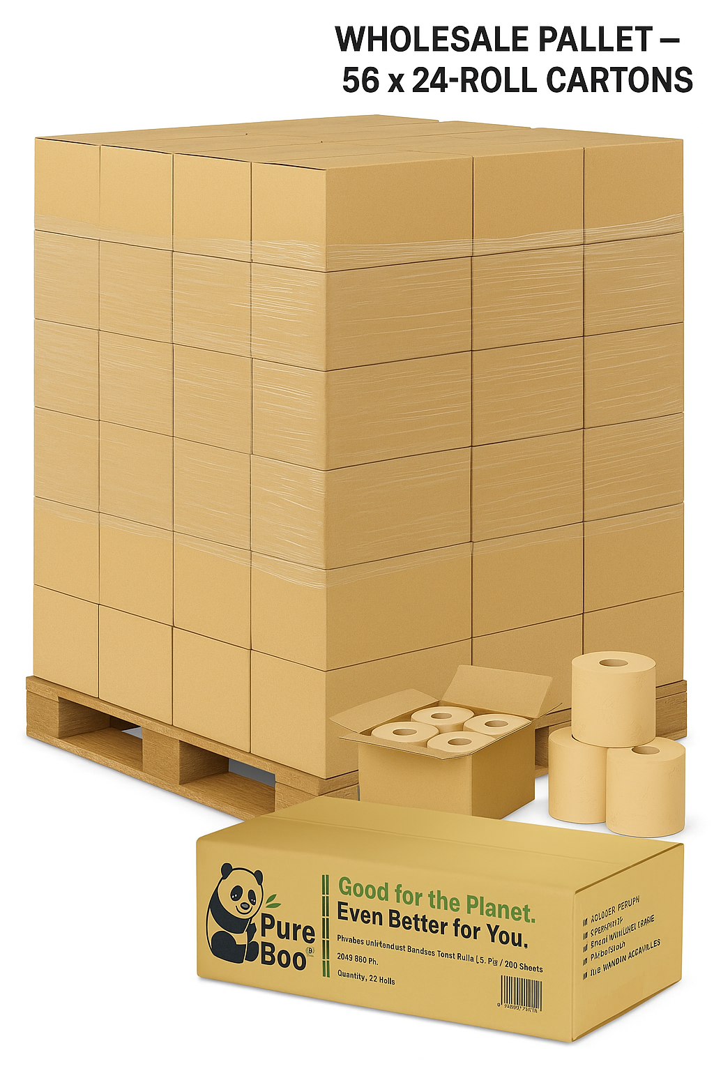 Pallet of 56 — Pure Boo® Unbleached Bamboo Toilet Rolls (24-Pack) | 3-Ply, 200 Sheets | Plastic-Free | Wholesale